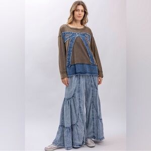 NWT Blue Velvet M pp26 Brown and Blue Denim Bow Top